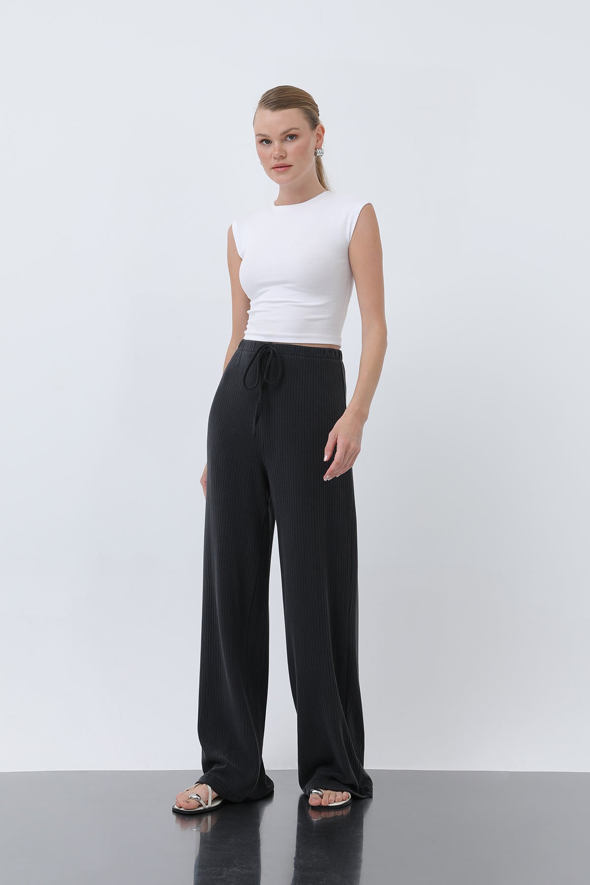 Kadın Fitilli Belden Bağlamalı Pantolon -32224PNT BLACK