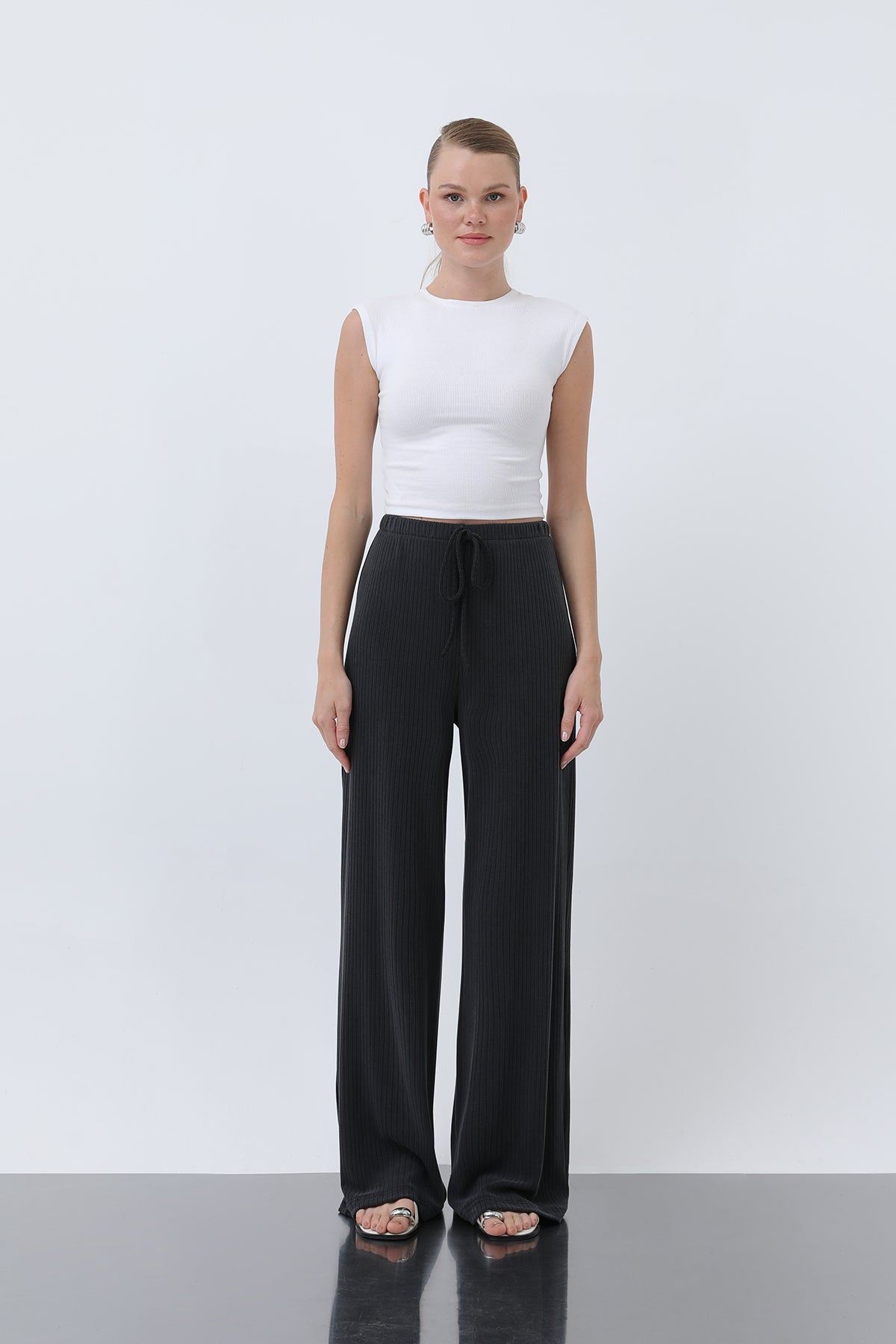Kadın Fitilli Belden Bağlamalı Pantolon -32224PNT BLACK