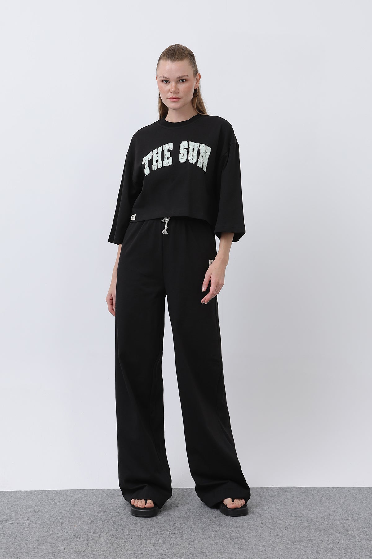 Kadın Önü Baskılı İkili Pantolonlu Takım - 32226TKS BLACK