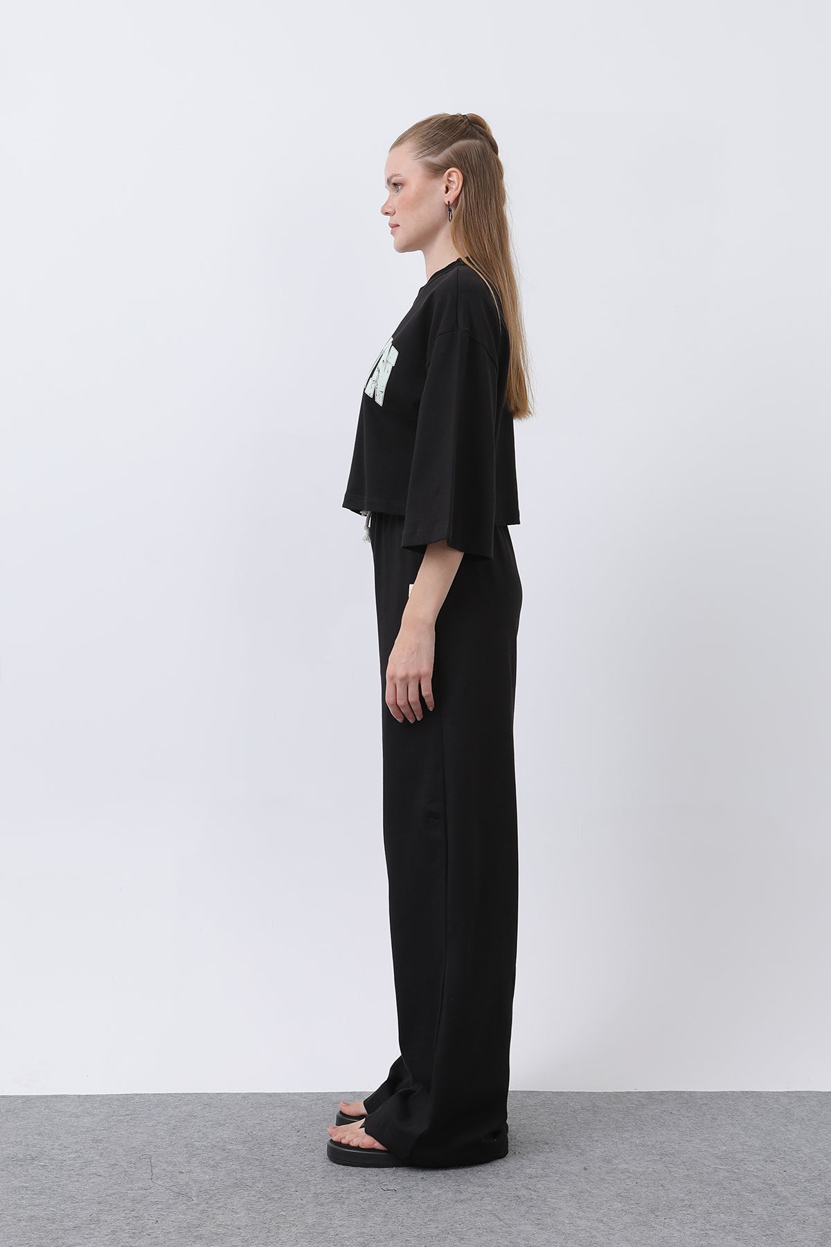 Kadın Önü Baskılı İkili Pantolonlu Takım - 32226TKS BLACK