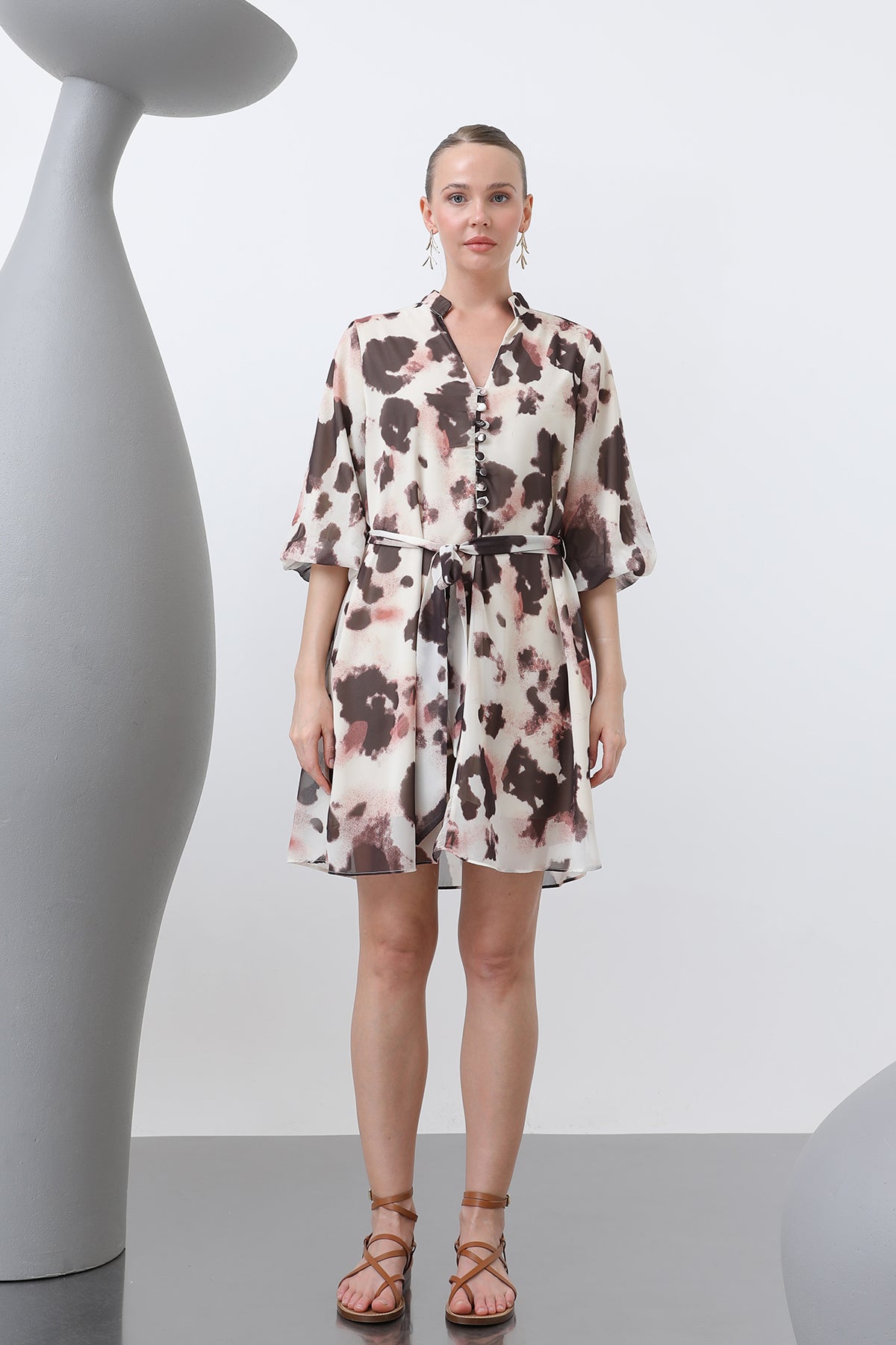Kadın Desenli Kısa Elbise -32227ELB BEIGE-BROWN