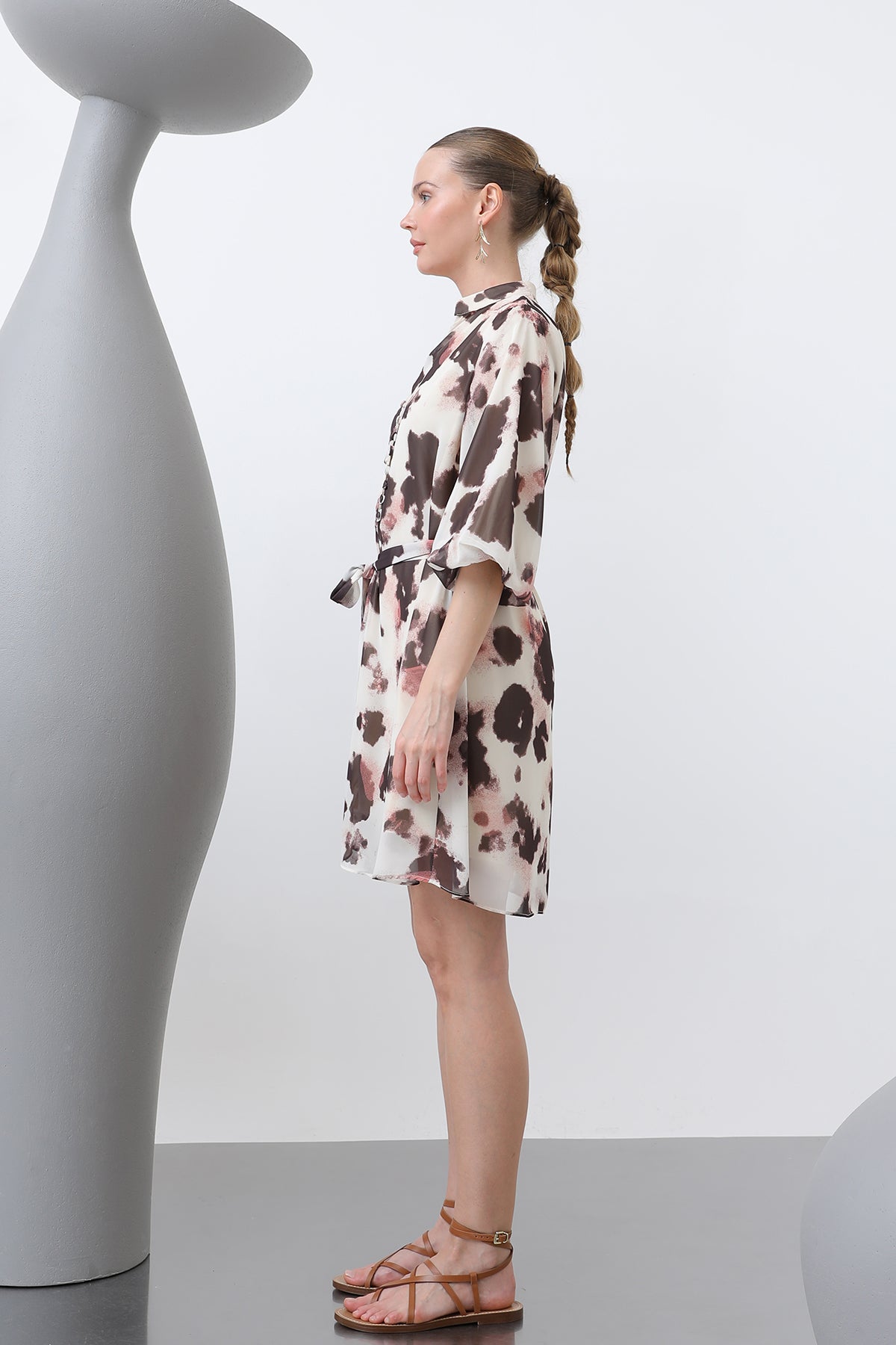 Kadın Desenli Kısa Elbise -32227ELB BEIGE-BROWN