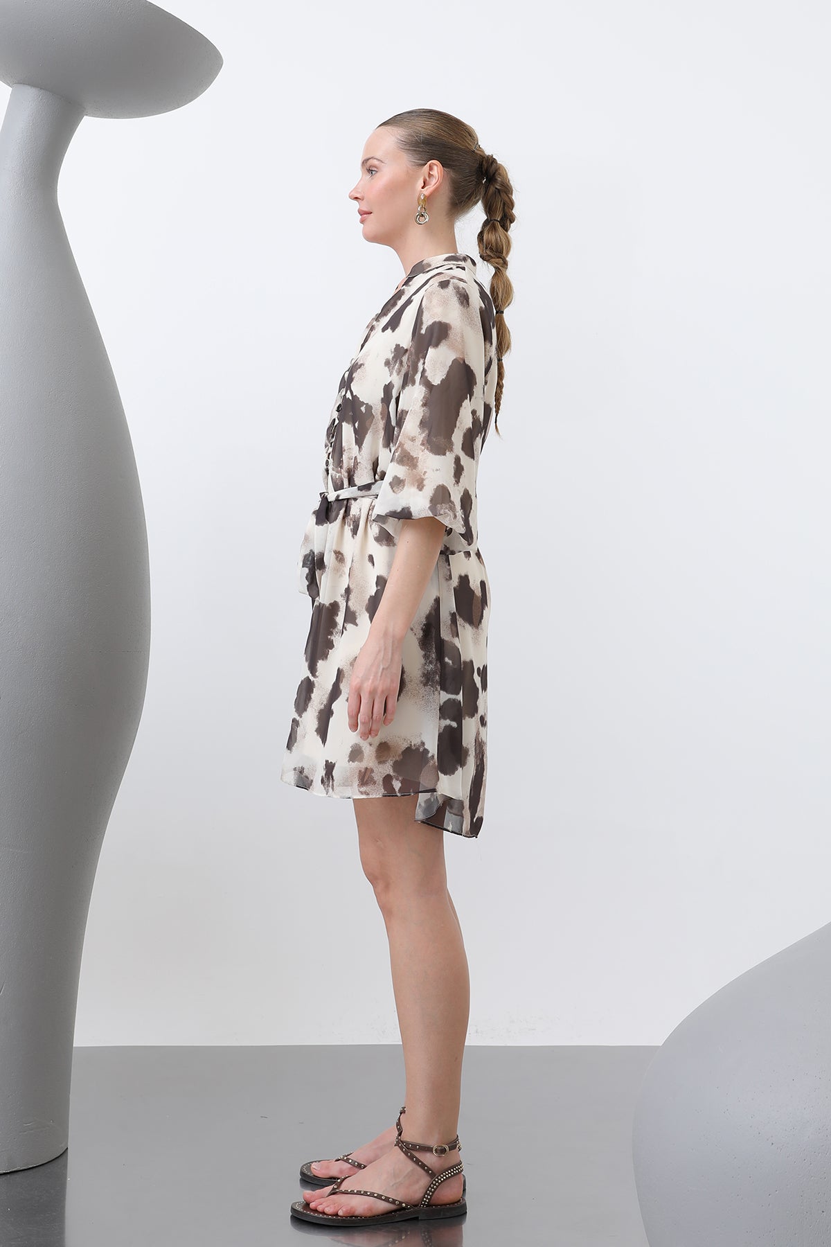 Kadın Desenli Kısa Elbise -32227ELB BEIGE-DARK BROWN
