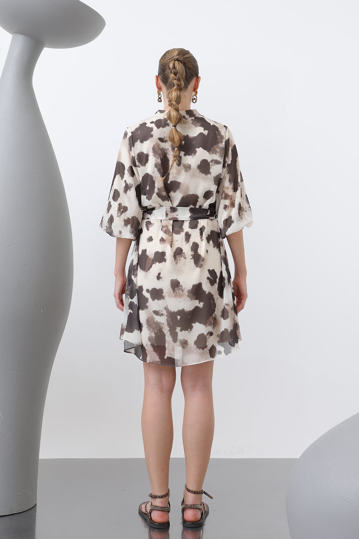 Kadın Desenli Kısa Elbise -32227ELB BEIGE-DARK BROWN