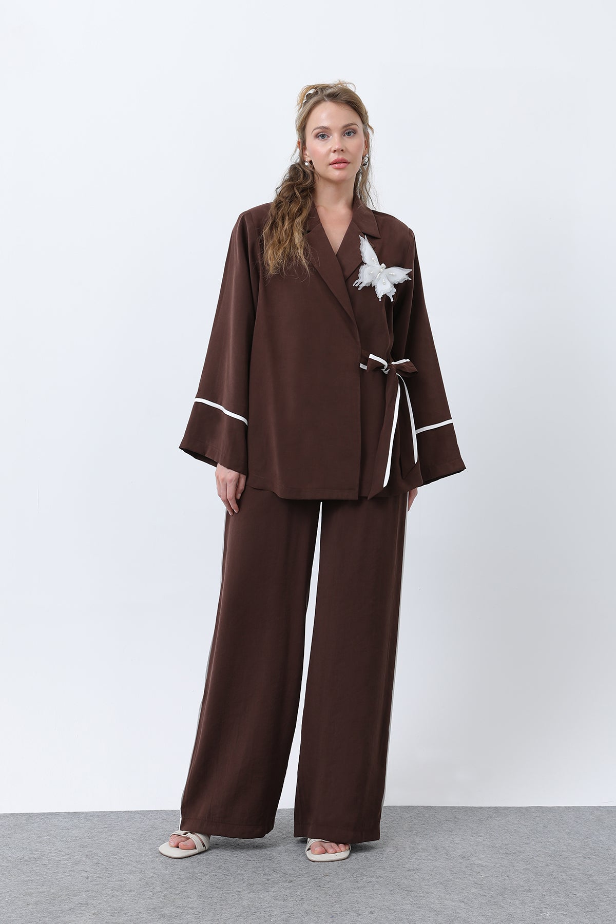 Kadın Kelebekli Kimona Pantolon Takım -32229TKS BROWN