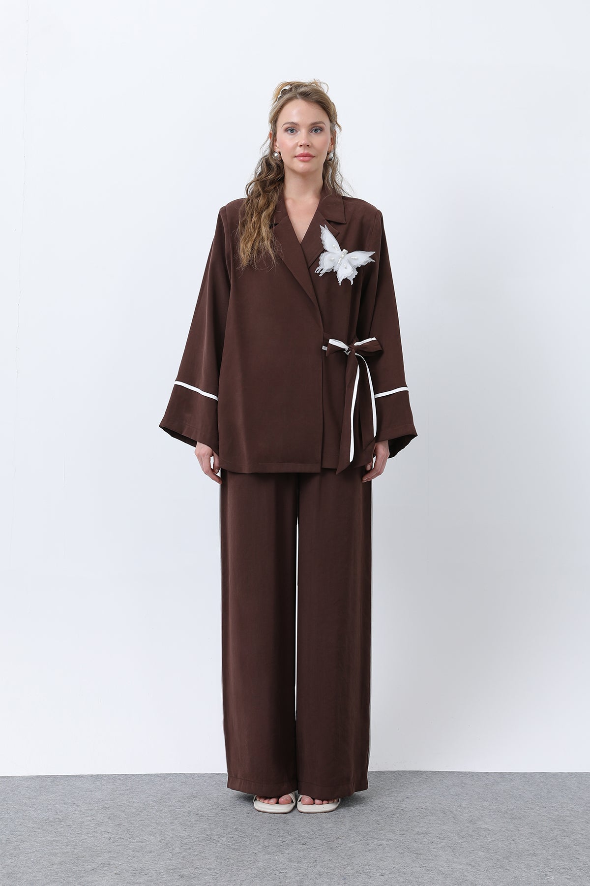 Kadın Kelebekli Kimona Pantolon Takım -32229TKS BROWN