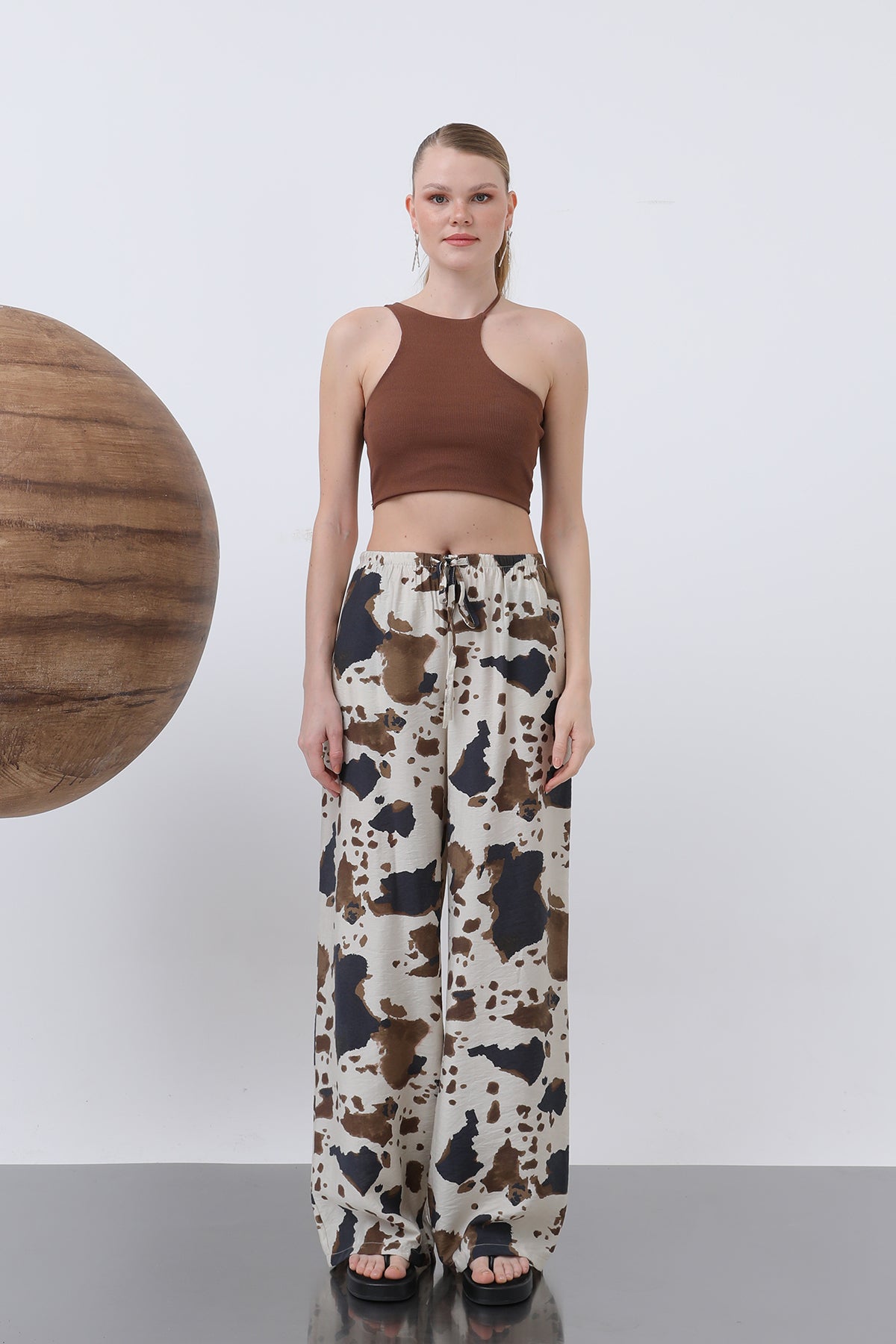 Kadın Desenli Bol Pantolon -32230PNT BEIGE-BROWN