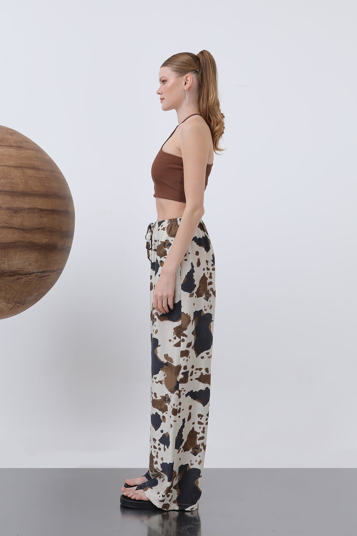 Kadın Desenli Bol Pantolon -32230PNT BEIGE-BROWN