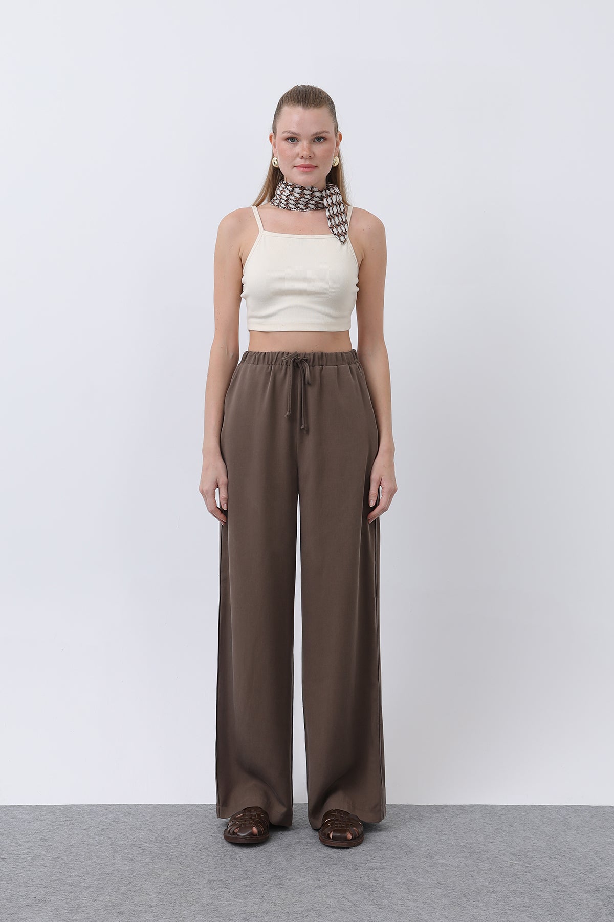 Kadın Bel Lastikli Yanları Biyeli Pantolon - 32231PNT BROWN