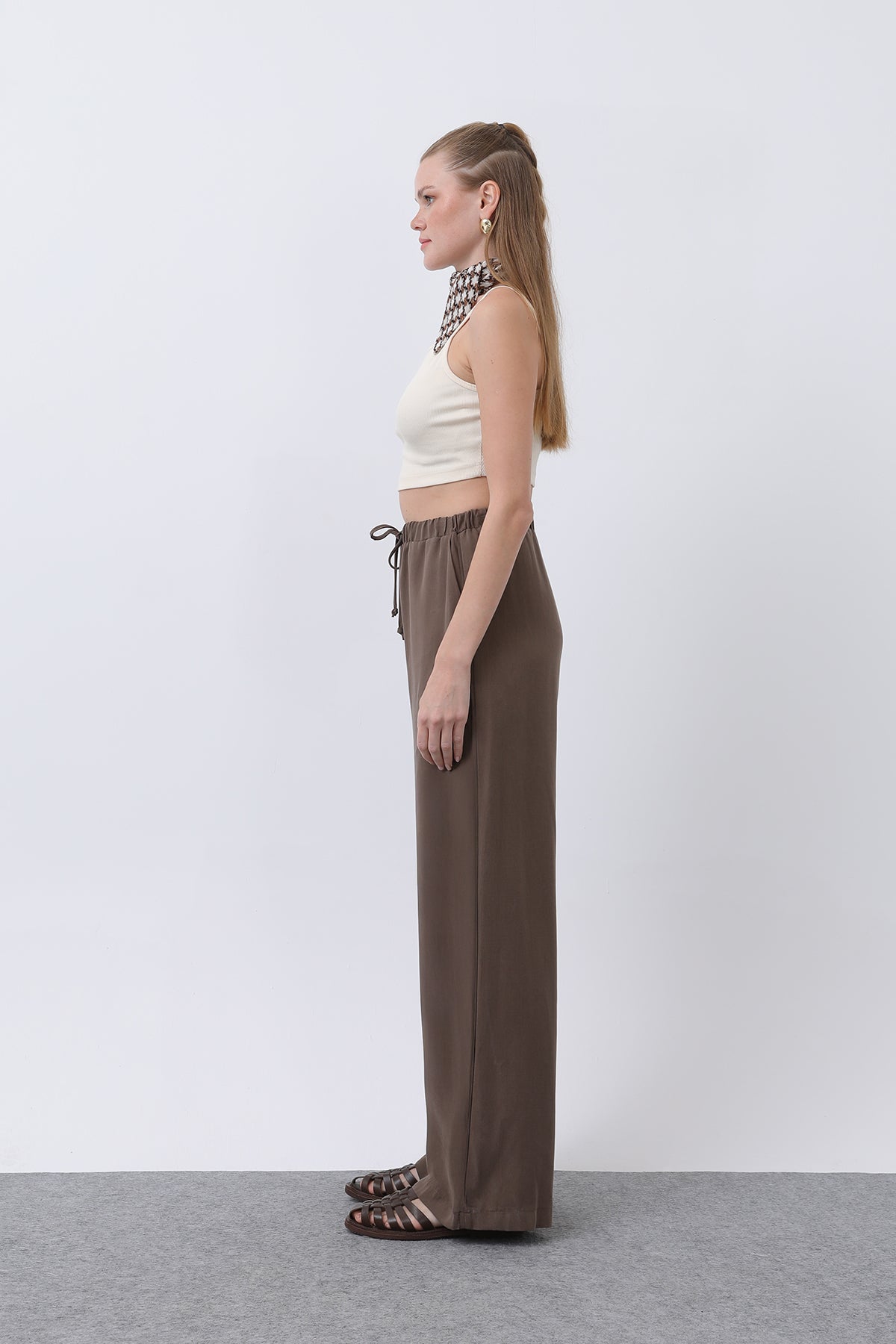 Kadın Bel Lastikli Yanları Biyeli Pantolon - 32231PNT BROWN