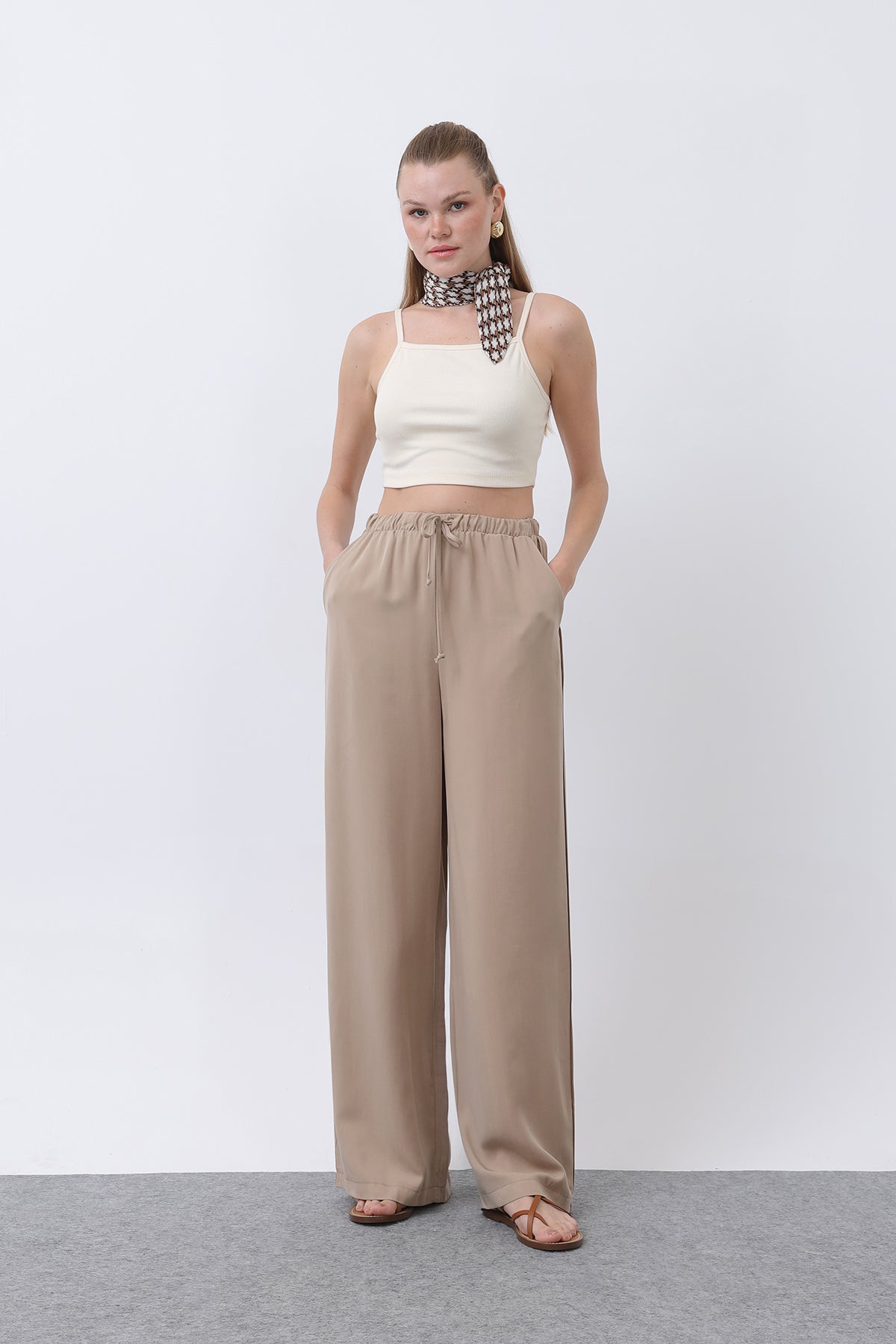 Kadın Bel Lastikli Yanları Biyeli Pantolon - 32231PNT BEIGE