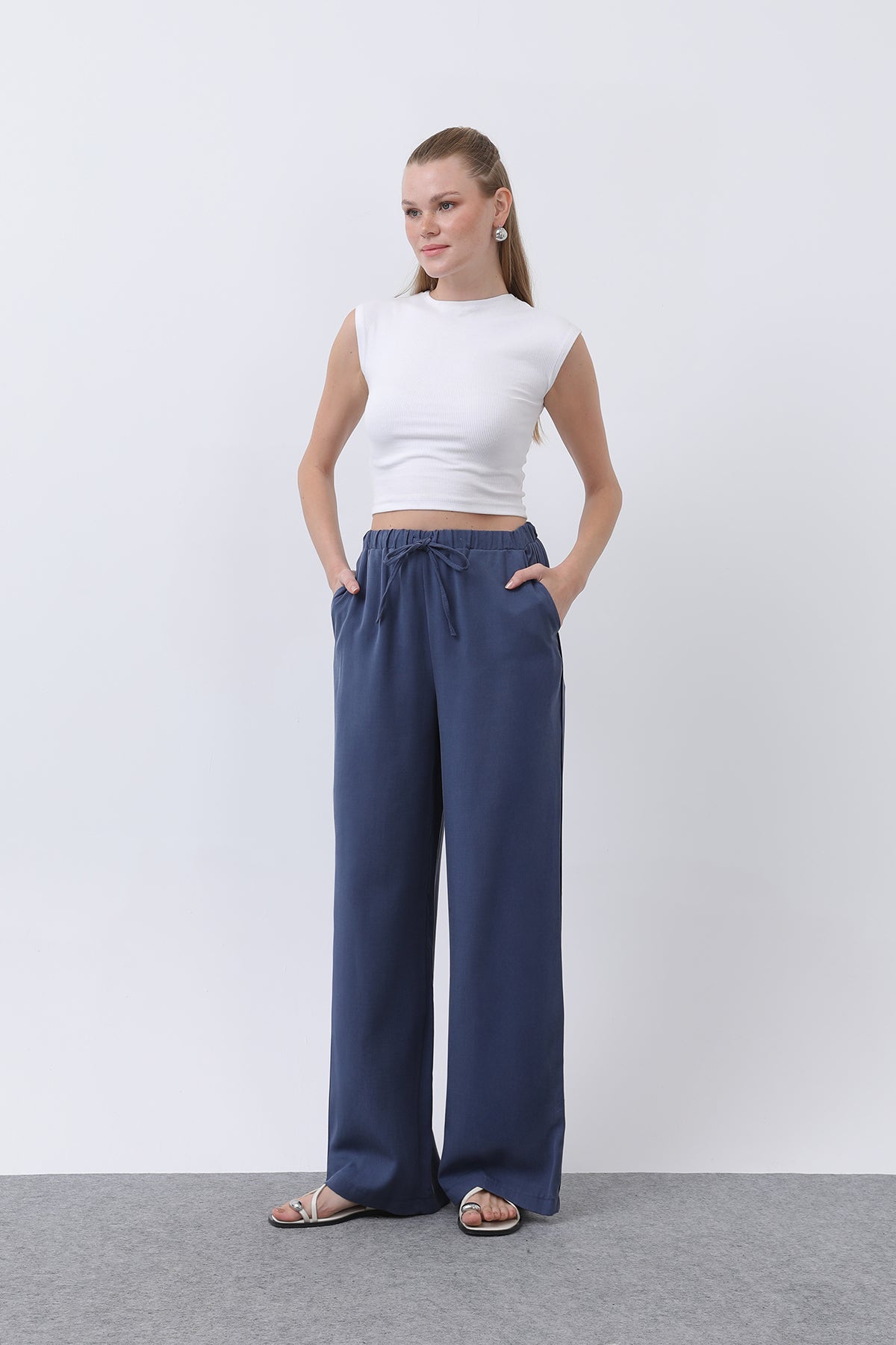 Kadın Bel Lastikli Yanları Biyeli Pantolon - 32231PNT NAVY