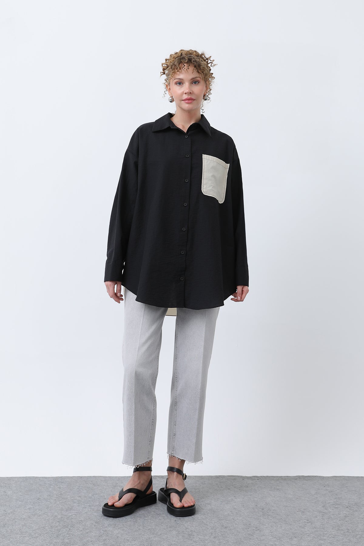 Kadın Arkası Nakışlı Gömlek -32232GML BLACK-BEIGE