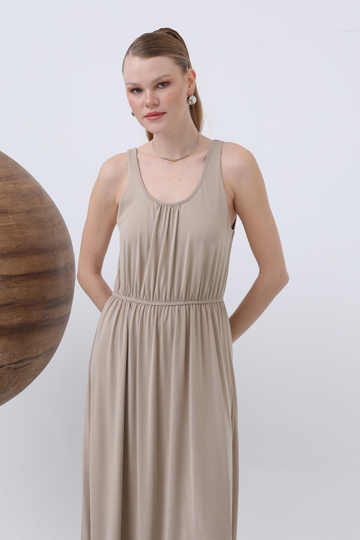 Kadın Basic Askılı Uzun Elbise - 32235ELB BEIGE