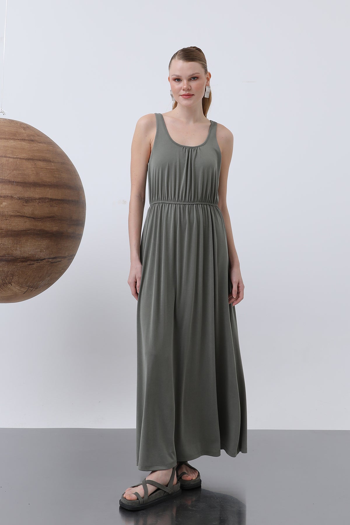 Kadın Basic Askılı Uzun Elbise - 32235ELB KHAKI