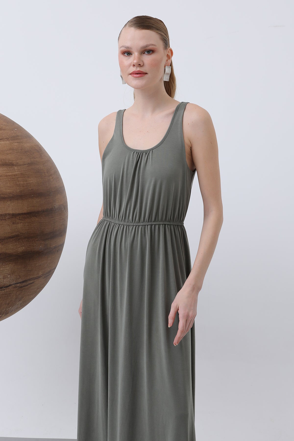 Kadın Basic Askılı Uzun Elbise - 32235ELB KHAKI