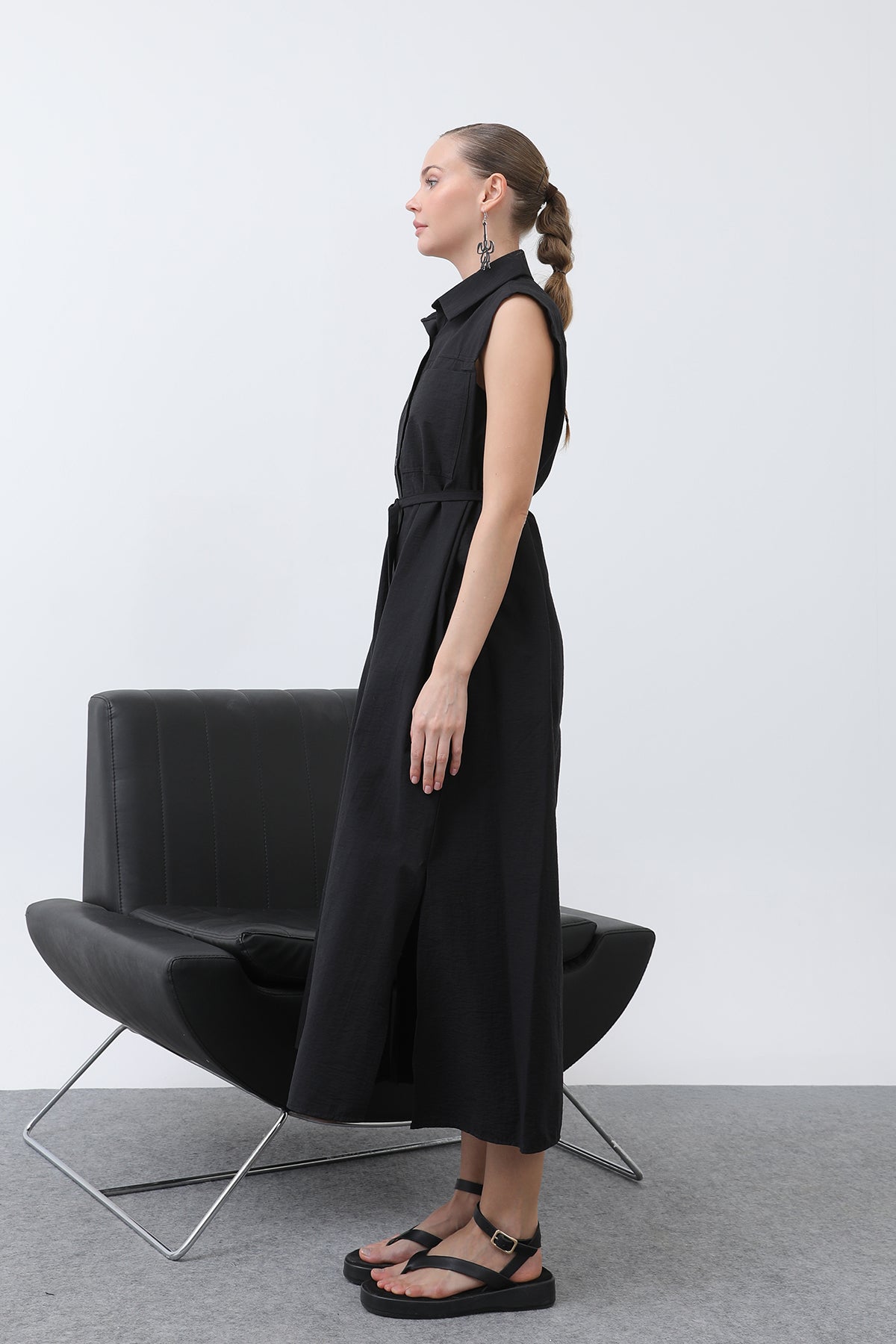 Kadın Belden Bağlamalı Sıfır Kol Elbise -32242ELB BLACK