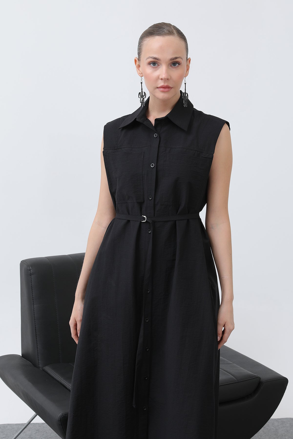 Kadın Belden Bağlamalı Sıfır Kol Elbise -32242ELB BLACK