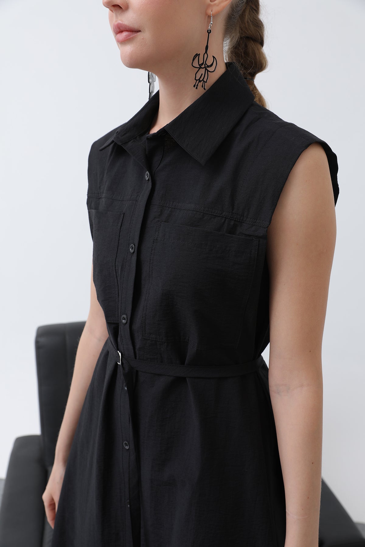 Kadın Belden Bağlamalı Sıfır Kol Elbise -32242ELB BLACK