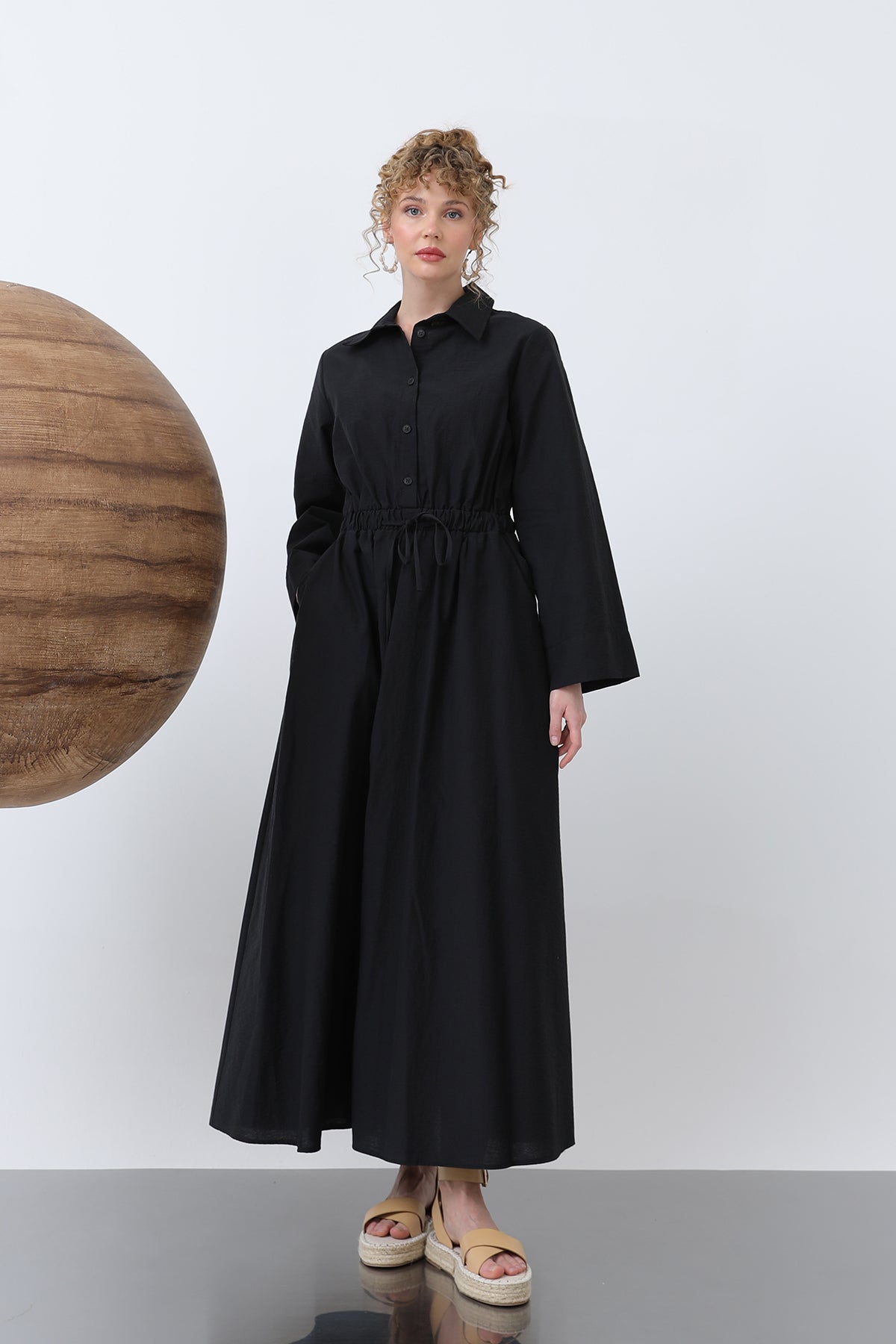 Kadın Belden Bağlamalı Uzun Kollu Elbise - 32243ELB BLACK