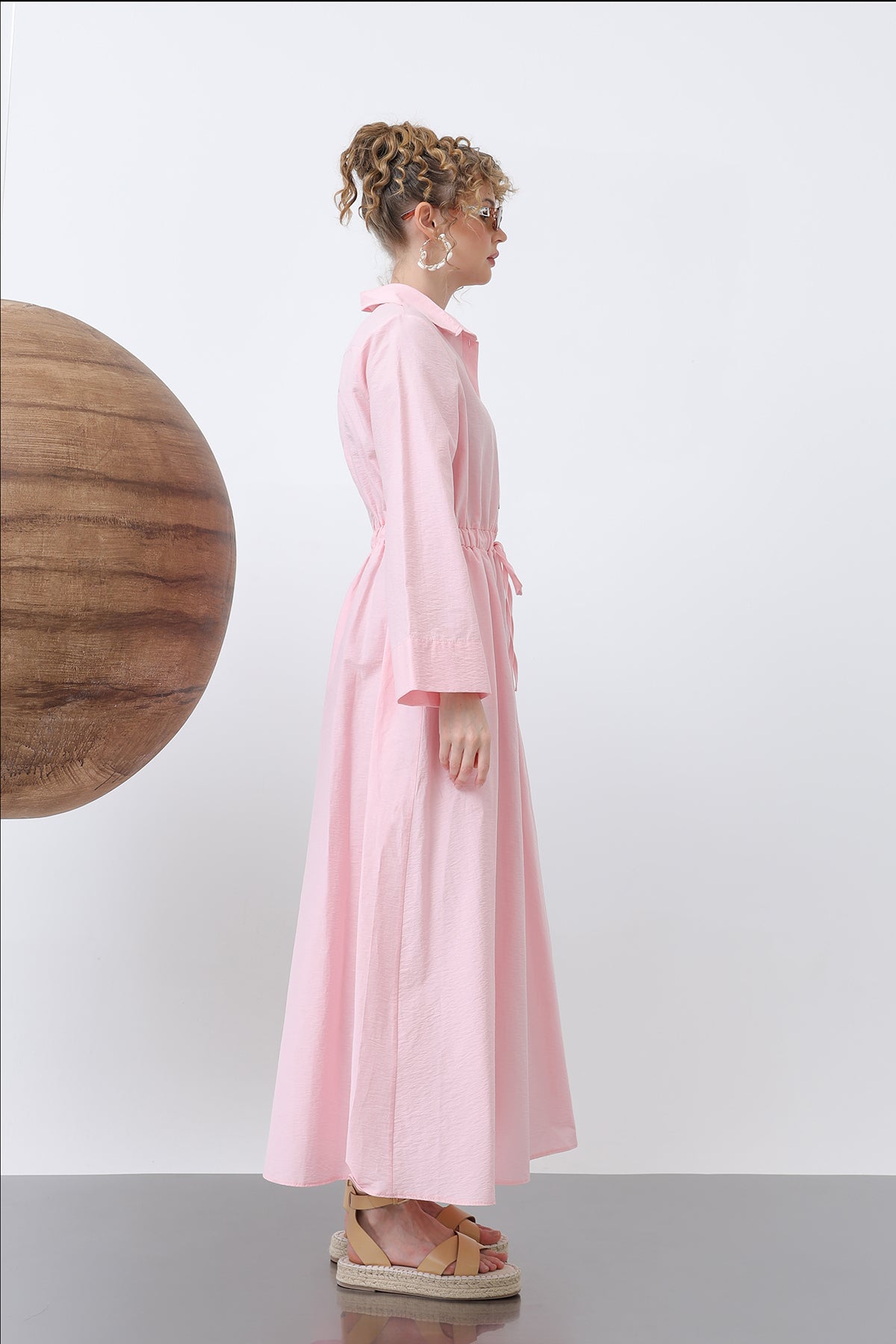 Kadın Belden Bağlamalı Uzun Kollu Elbise - 32243ELB PINK