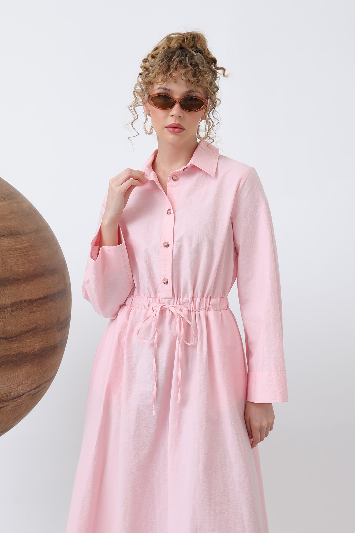 Kadın Belden Bağlamalı Uzun Kollu Elbise - 32243ELB PINK