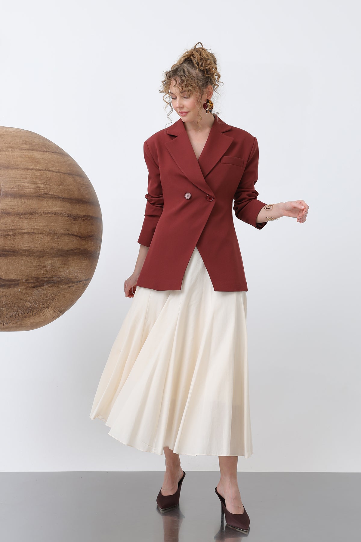 Kadın Önden Düğmeli Blazer Ceket -32245CKT BURGUNDY