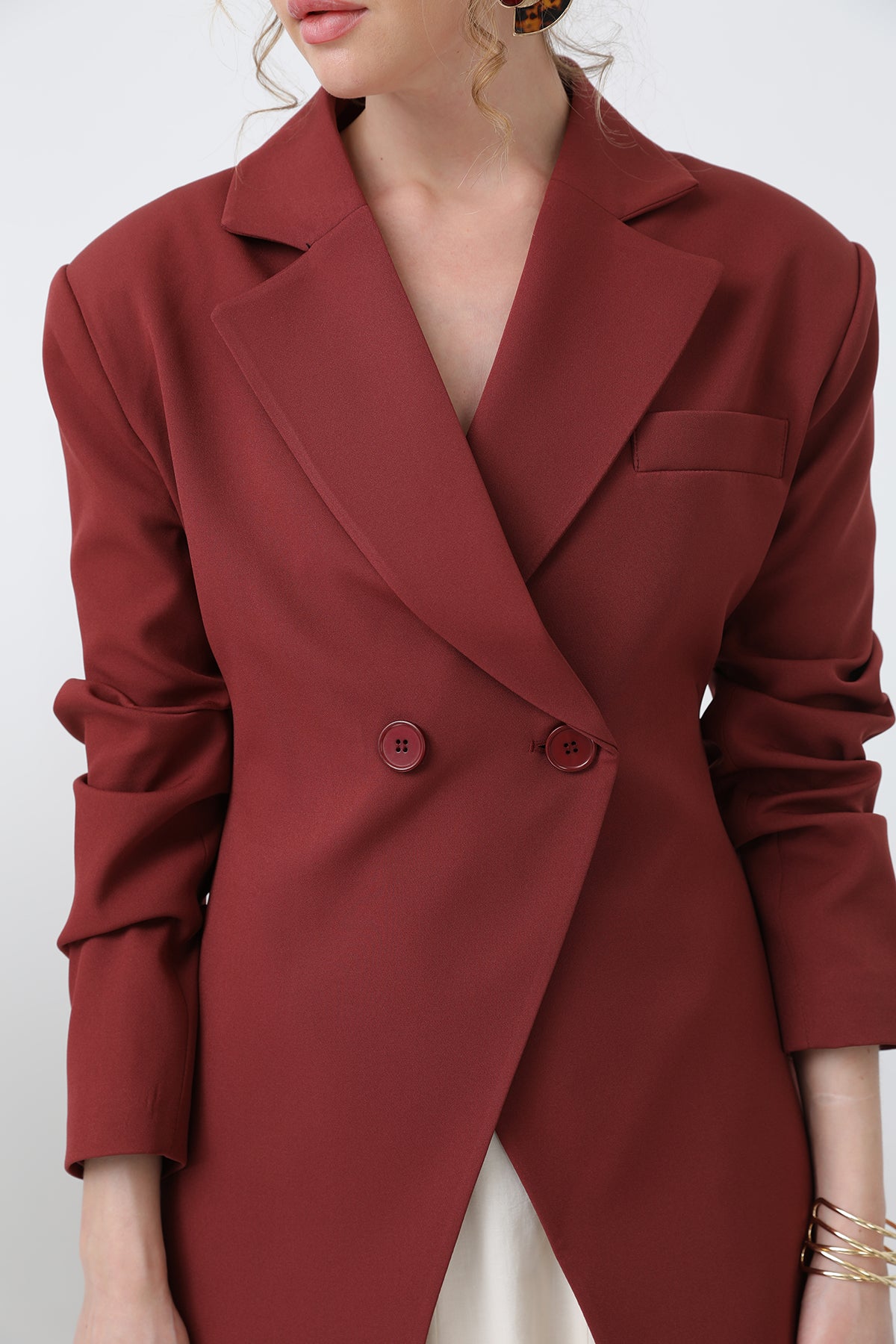 Kadın Önden Düğmeli Blazer Ceket -32245CKT BURGUNDY