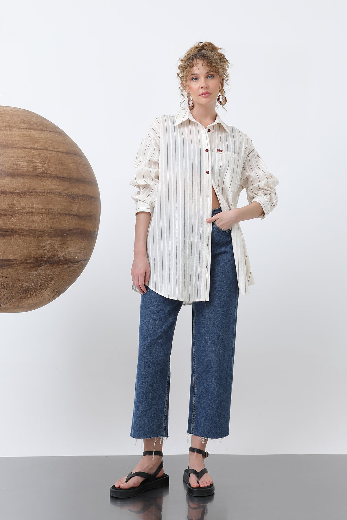 Kadın Çizgili Basic Gömlek -32247GML BURGUNDY