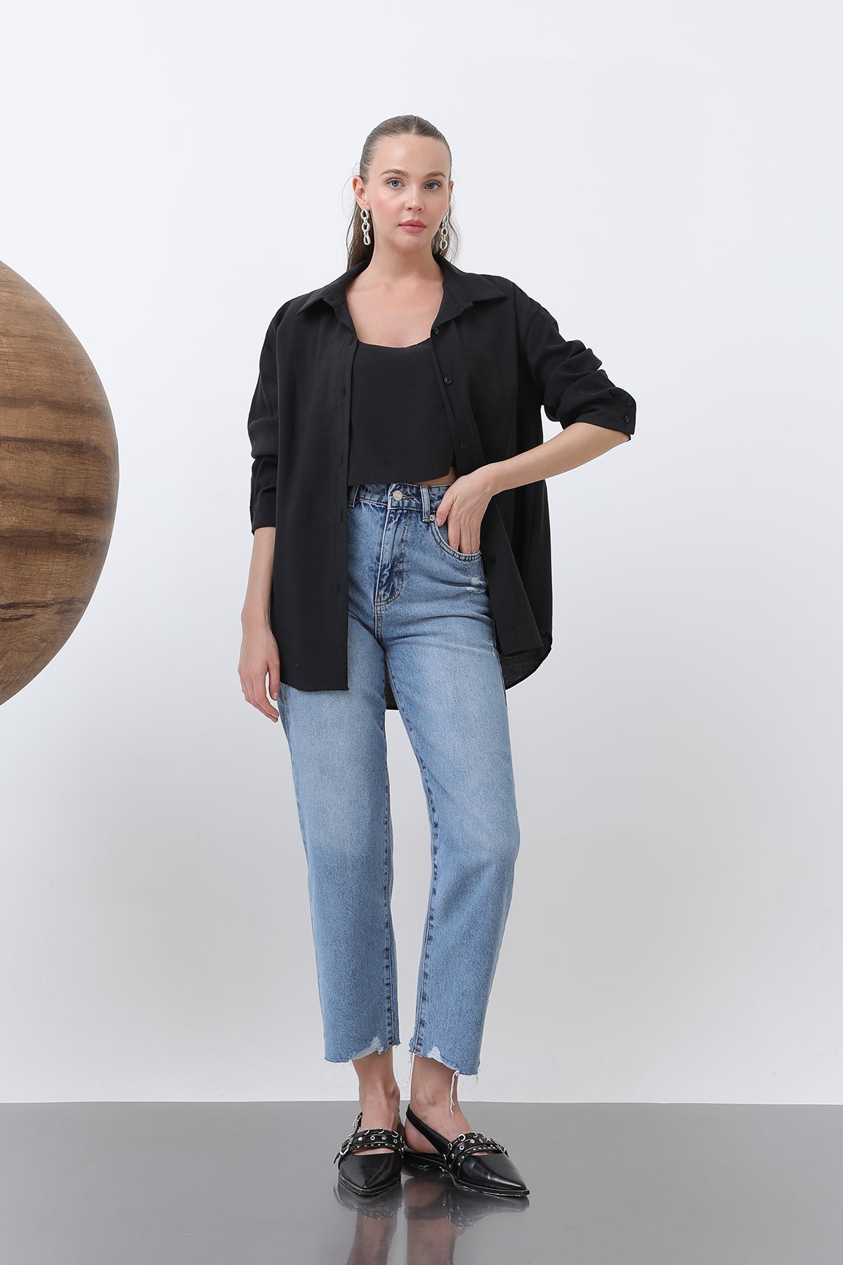 Kadın İçli Dışlı Basic Gömlek -32251GML BLACK