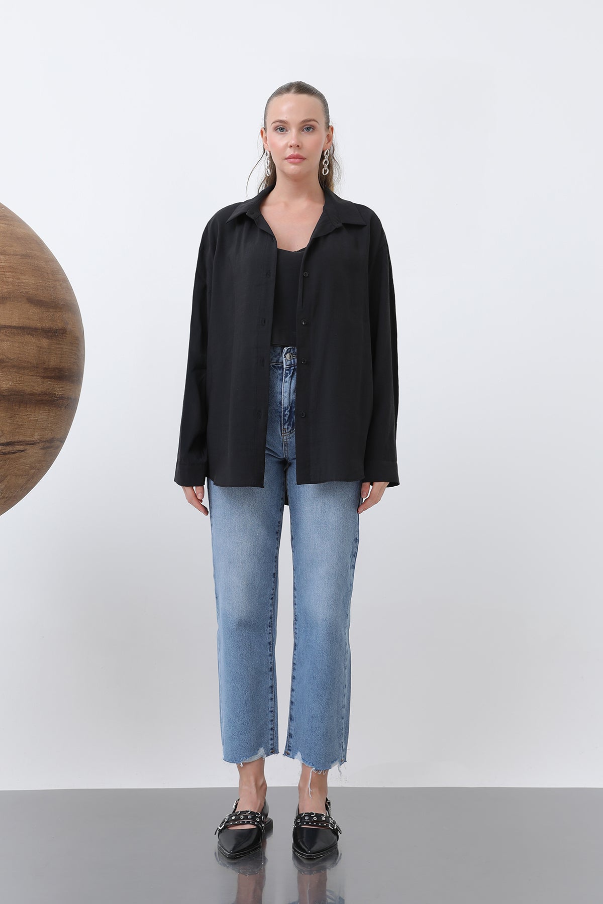 Kadın İçli Dışlı Basic Gömlek -32251GML BLACK