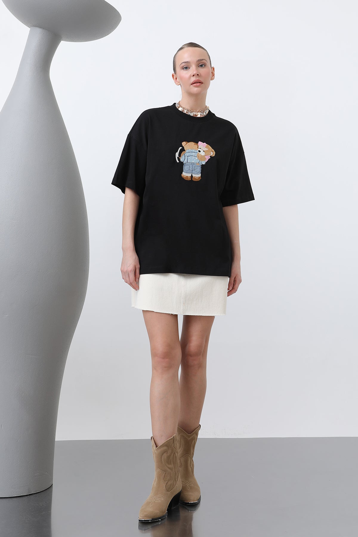Ayıcık Nakışlı Basic Tshirt -32253TSH BLACK