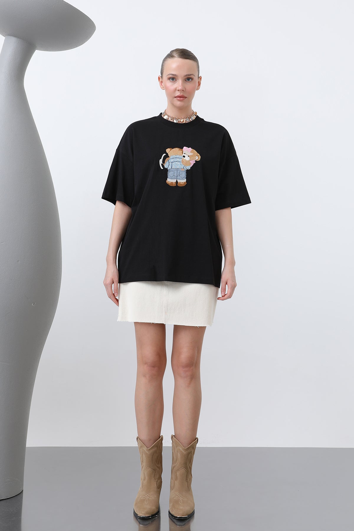 Ayıcık Nakışlı Basic Tshirt -32253TSH BLACK