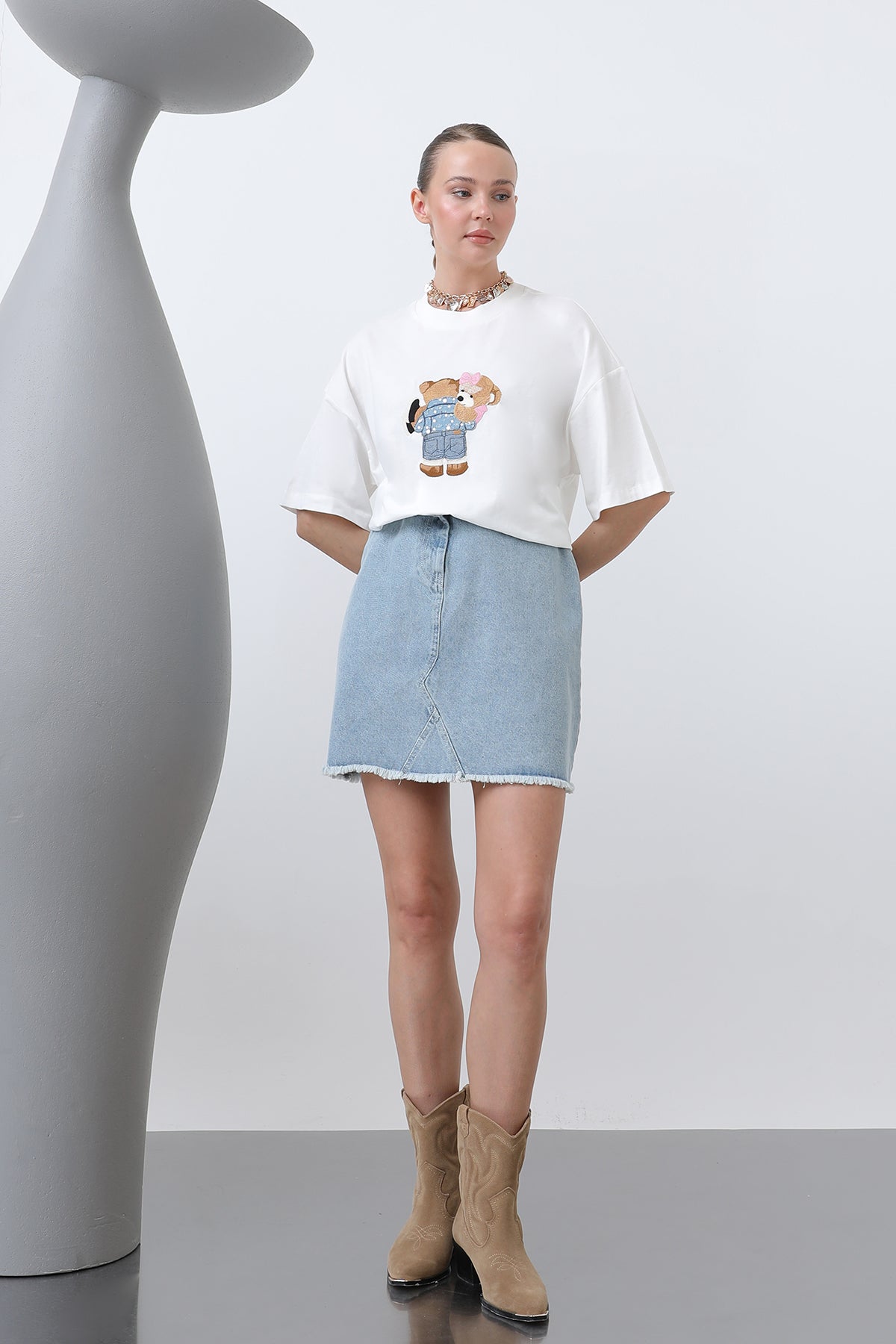 Ayıcık Nakışlı Basic Tshirt -32253TSH ECRU