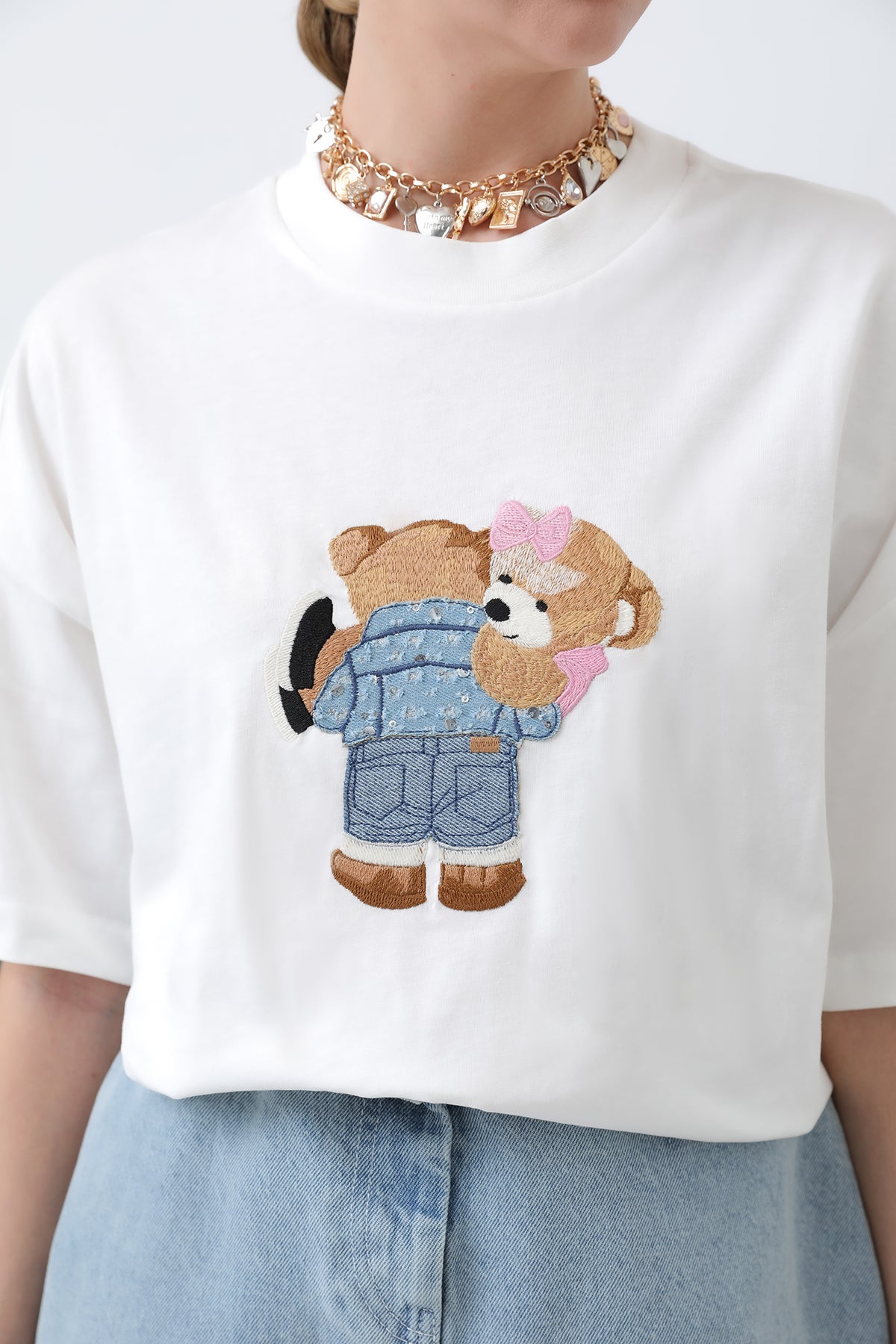 Ayıcık Nakışlı Basic Tshirt -32253TSH ECRU