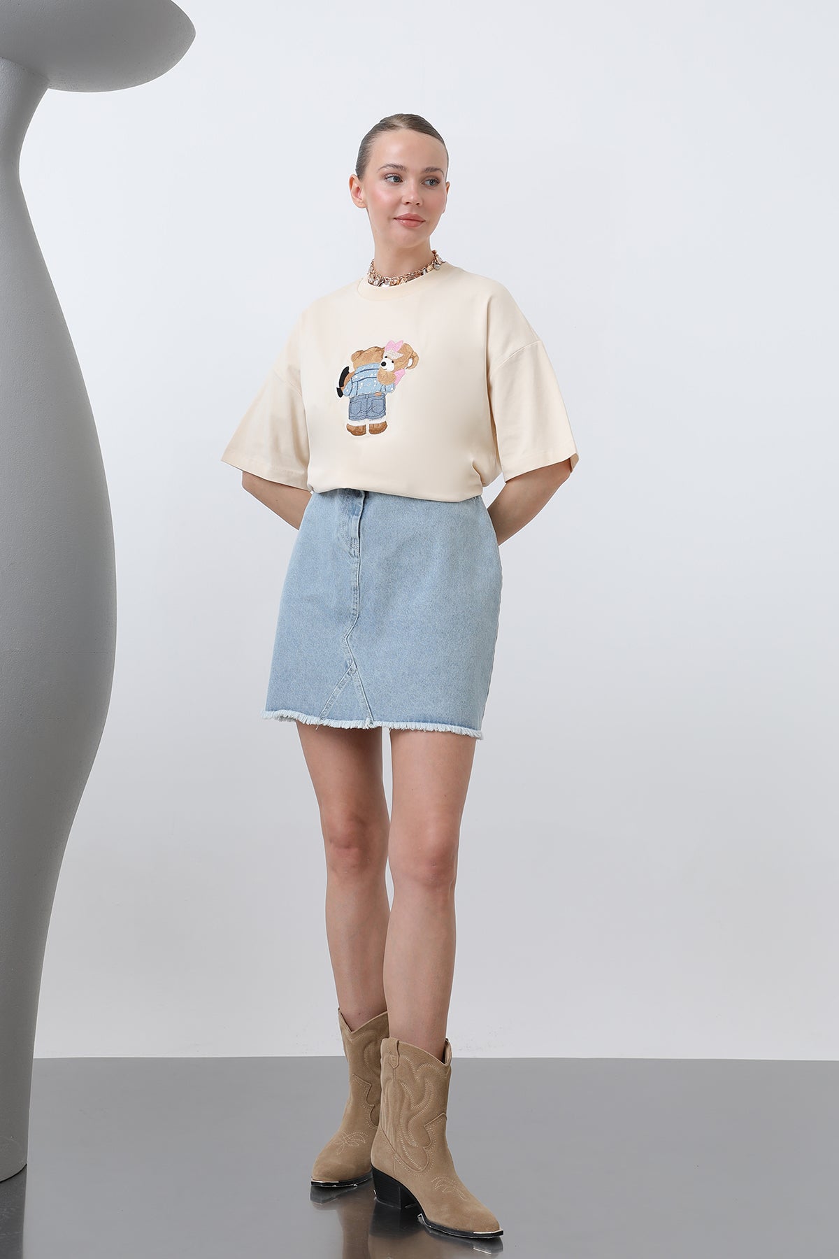 Ayıcık Nakışlı Basic Tshirt -32253TSH BEIGE
