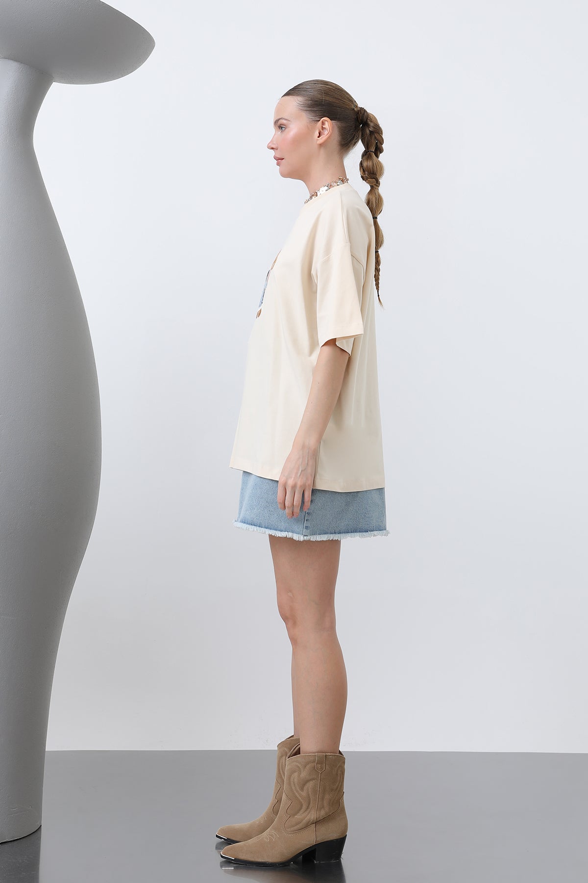Ayıcık Nakışlı Basic Tshirt -32253TSH BEIGE