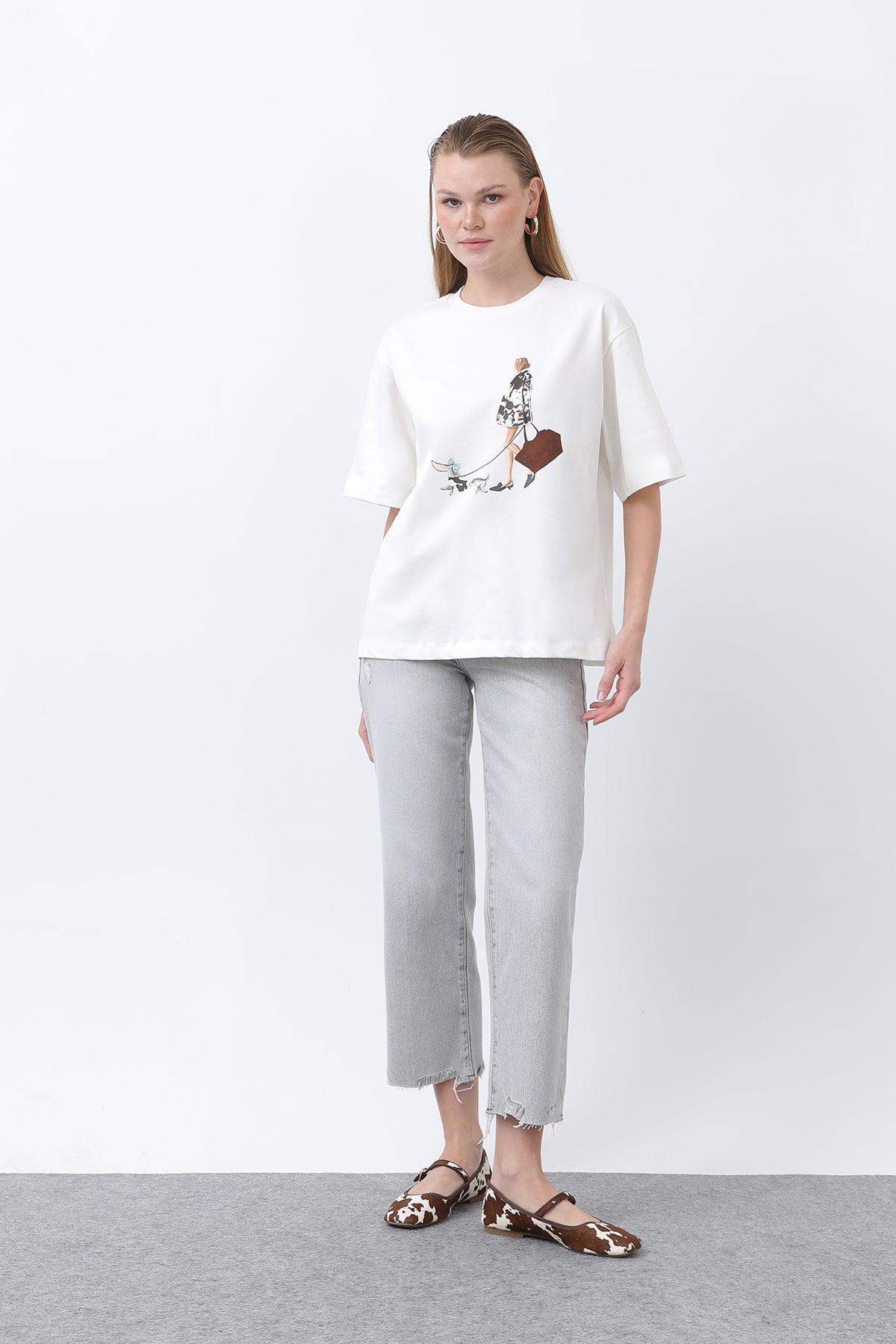Kadın Kız Baskılı Basic Tshirt -32254TSH ECRU