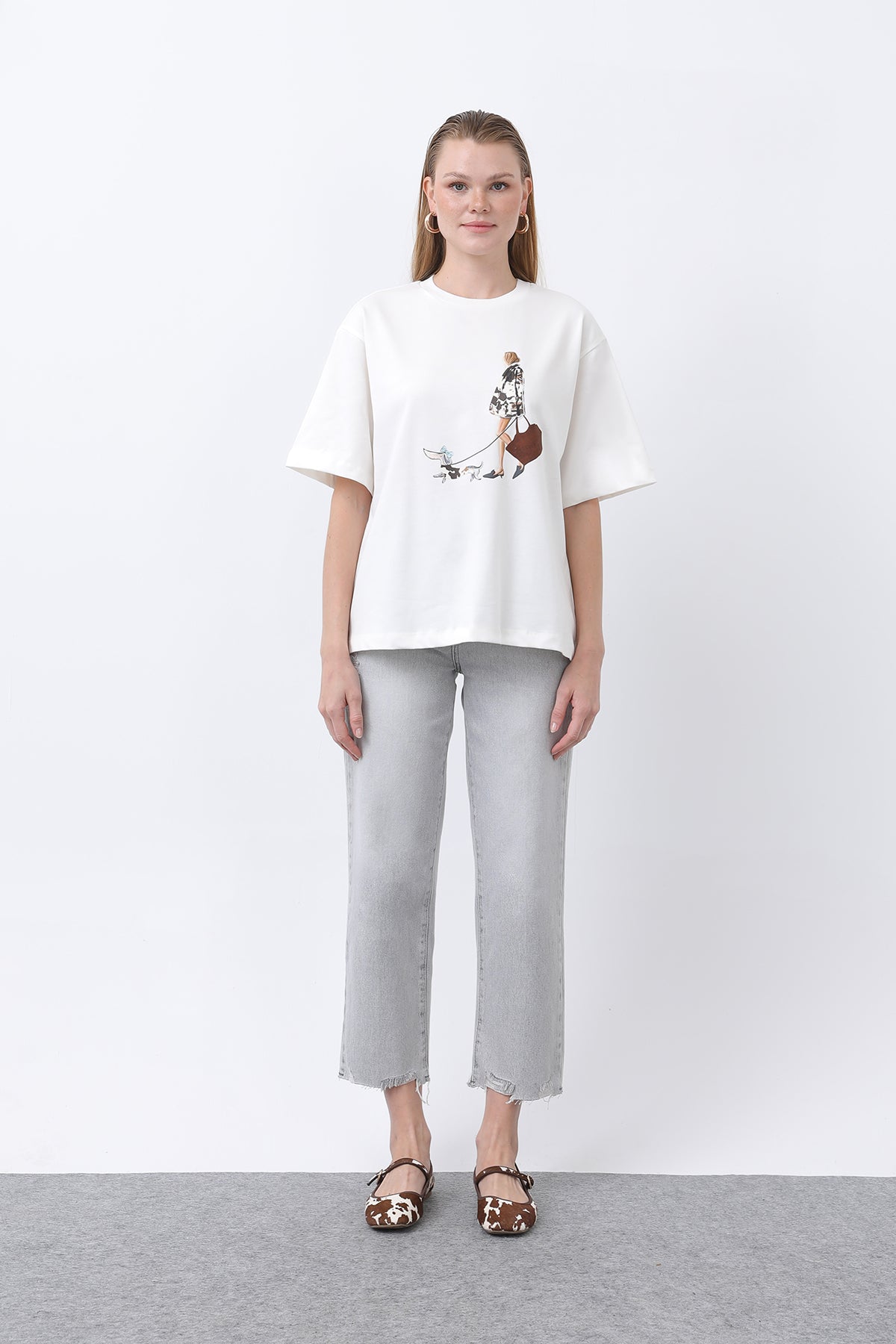 Kadın Kız Baskılı Basic Tshirt -32254TSH ECRU