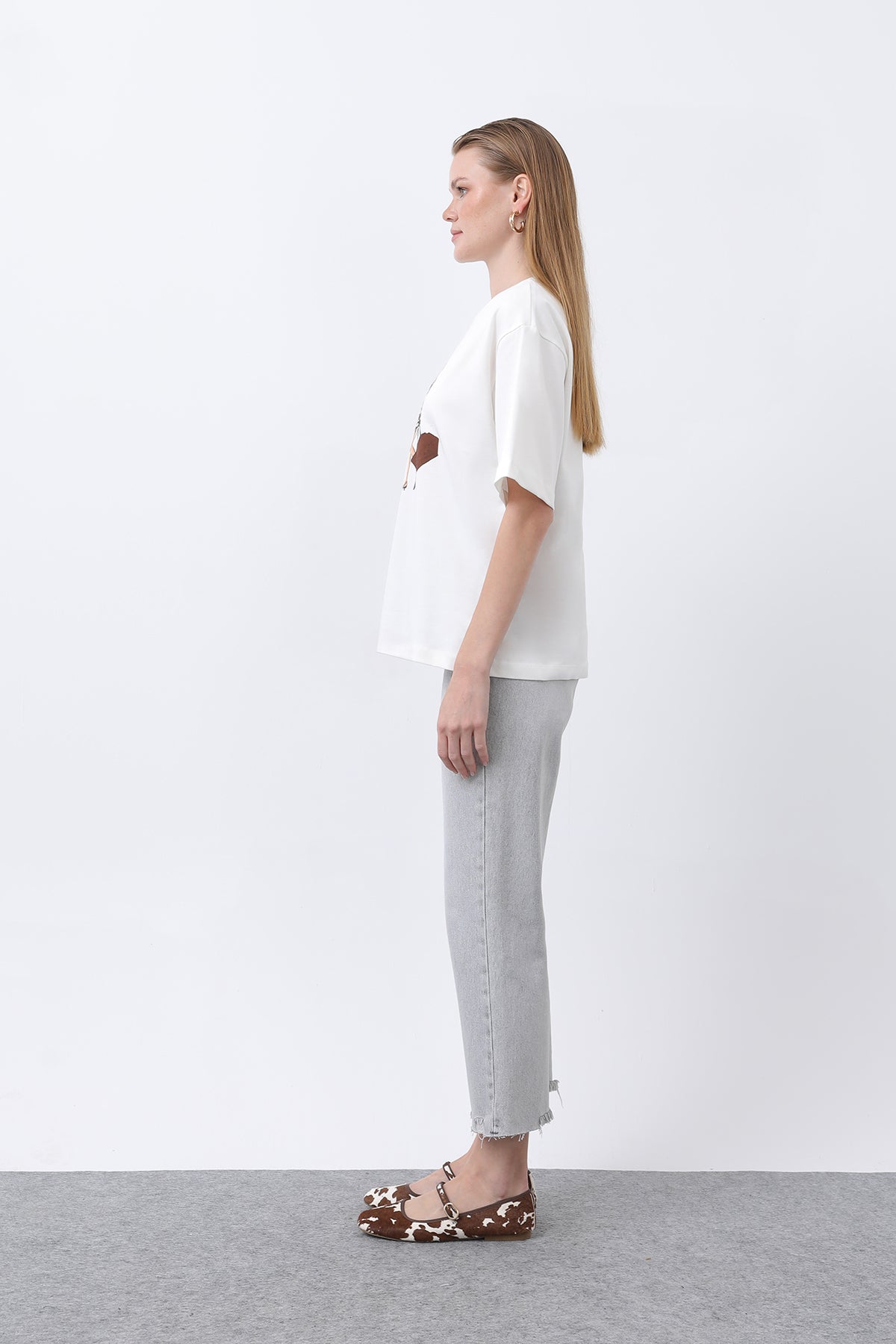 Kadın Kız Baskılı Basic Tshirt -32254TSH ECRU