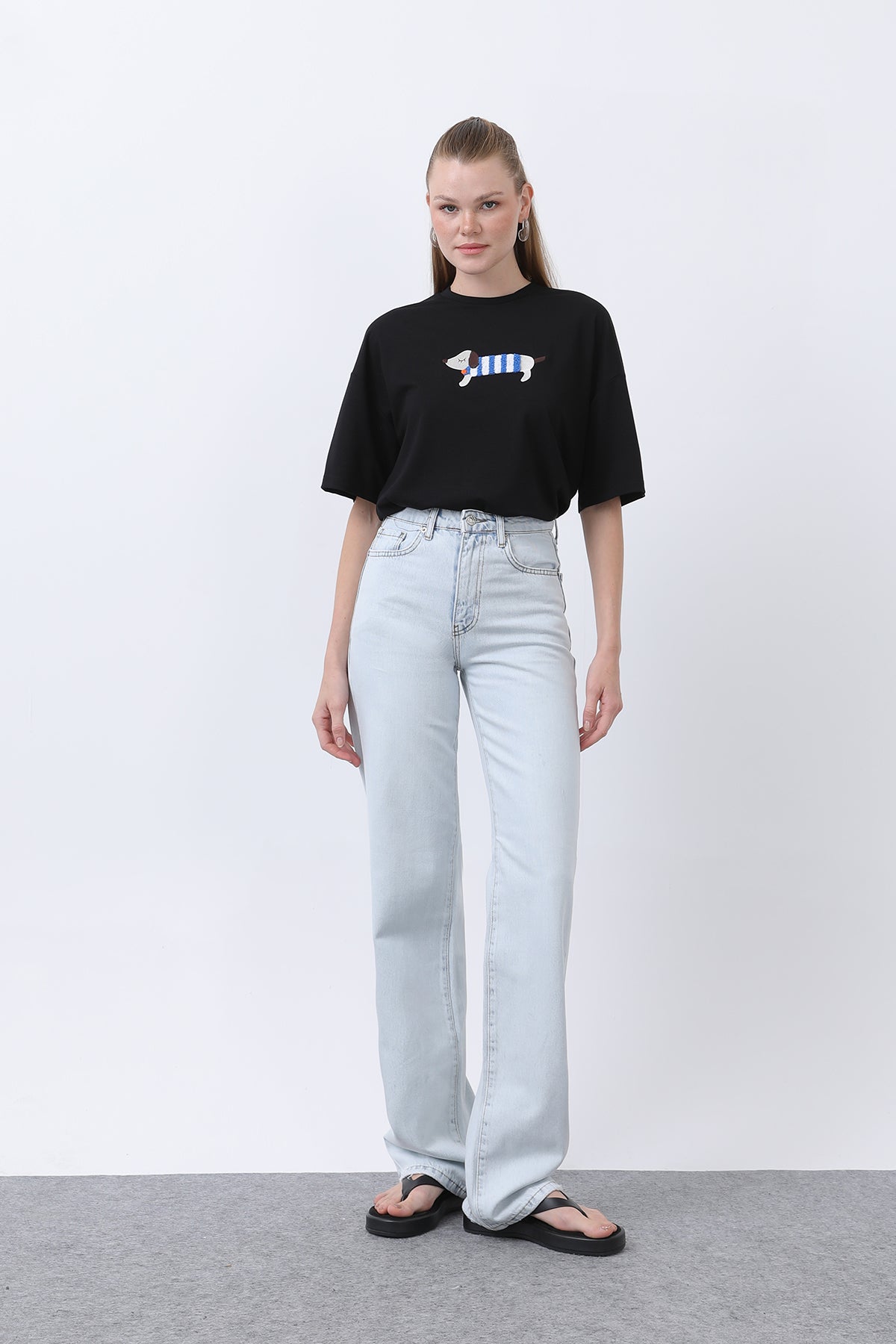 Kadın Köpek Nakışlı Basic Tshirt -32255TSH BLACK