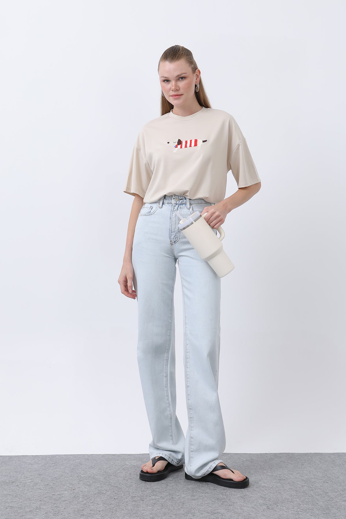 Kadın Köpek Nakışlı Basic Tshirt -32255TSH BEIGE