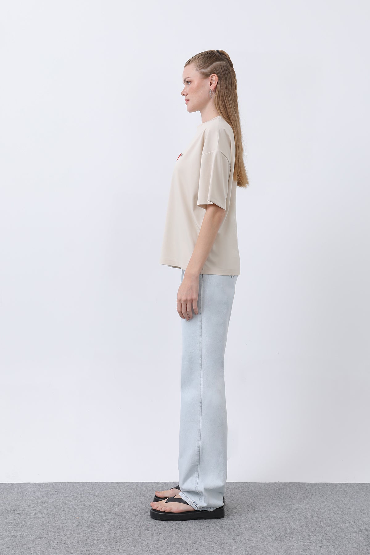 Kadın Köpek Nakışlı Basic Tshirt -32255TSH BEIGE