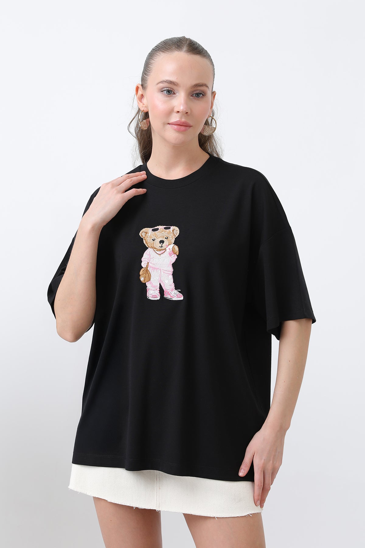 Kadın Ayıcık Nakışlı Basic Tshirt -32256TSH BLACK