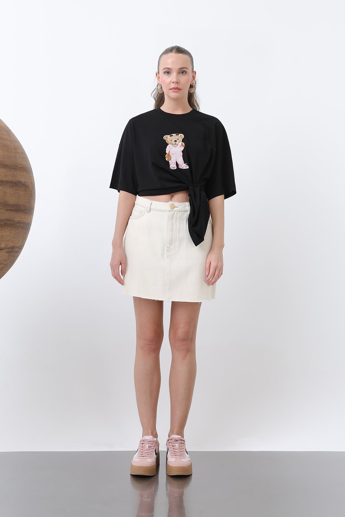 Kadın Ayıcık Nakışlı Basic Tshirt -32256TSH BLACK