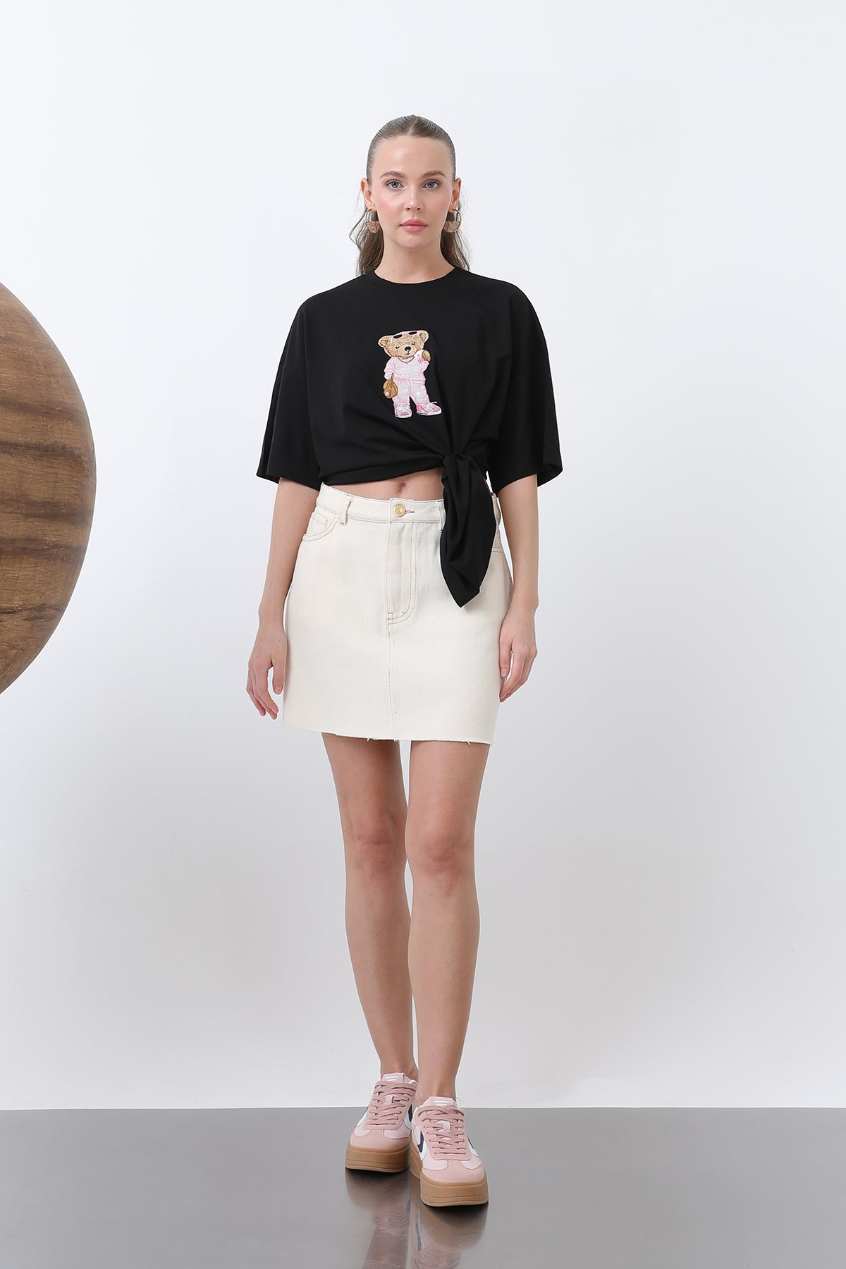 Kadın Ayıcık Nakışlı Basic Tshirt -32256TSH BLACK