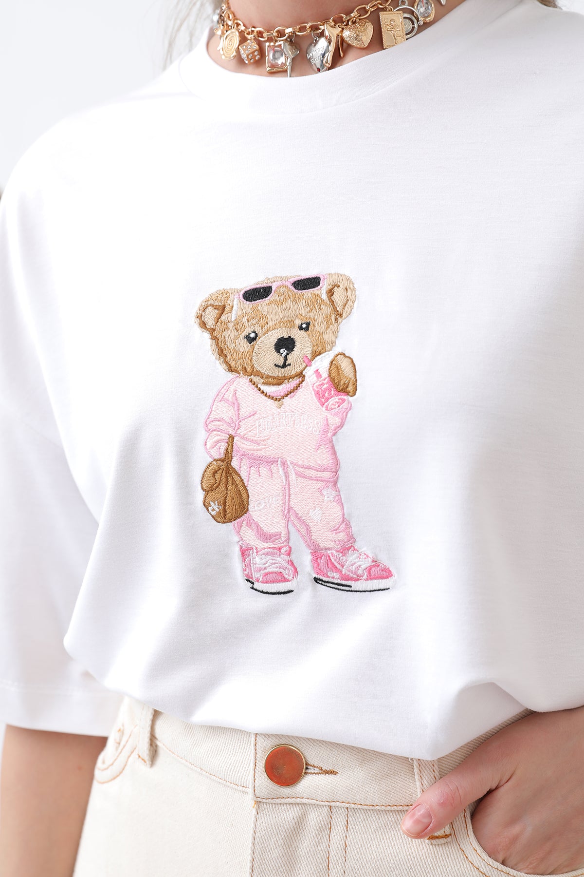 Kadın Ayıcık Nakışlı Basic Tshirt -32256TSH ECRU