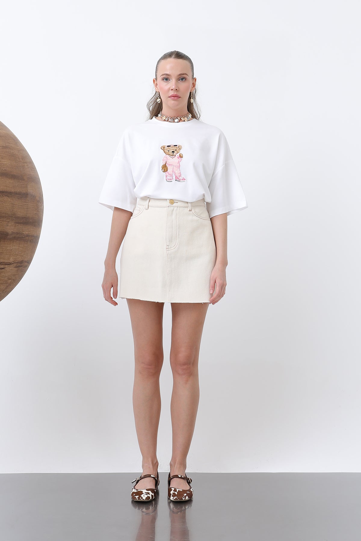 Kadın Ayıcık Nakışlı Basic Tshirt -32256TSH ECRU