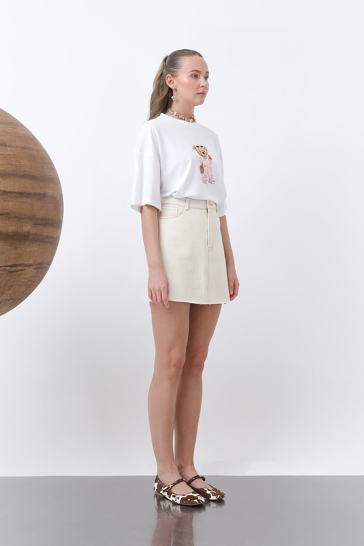 Kadın Ayıcık Nakışlı Basic Tshirt -32256TSH ECRU