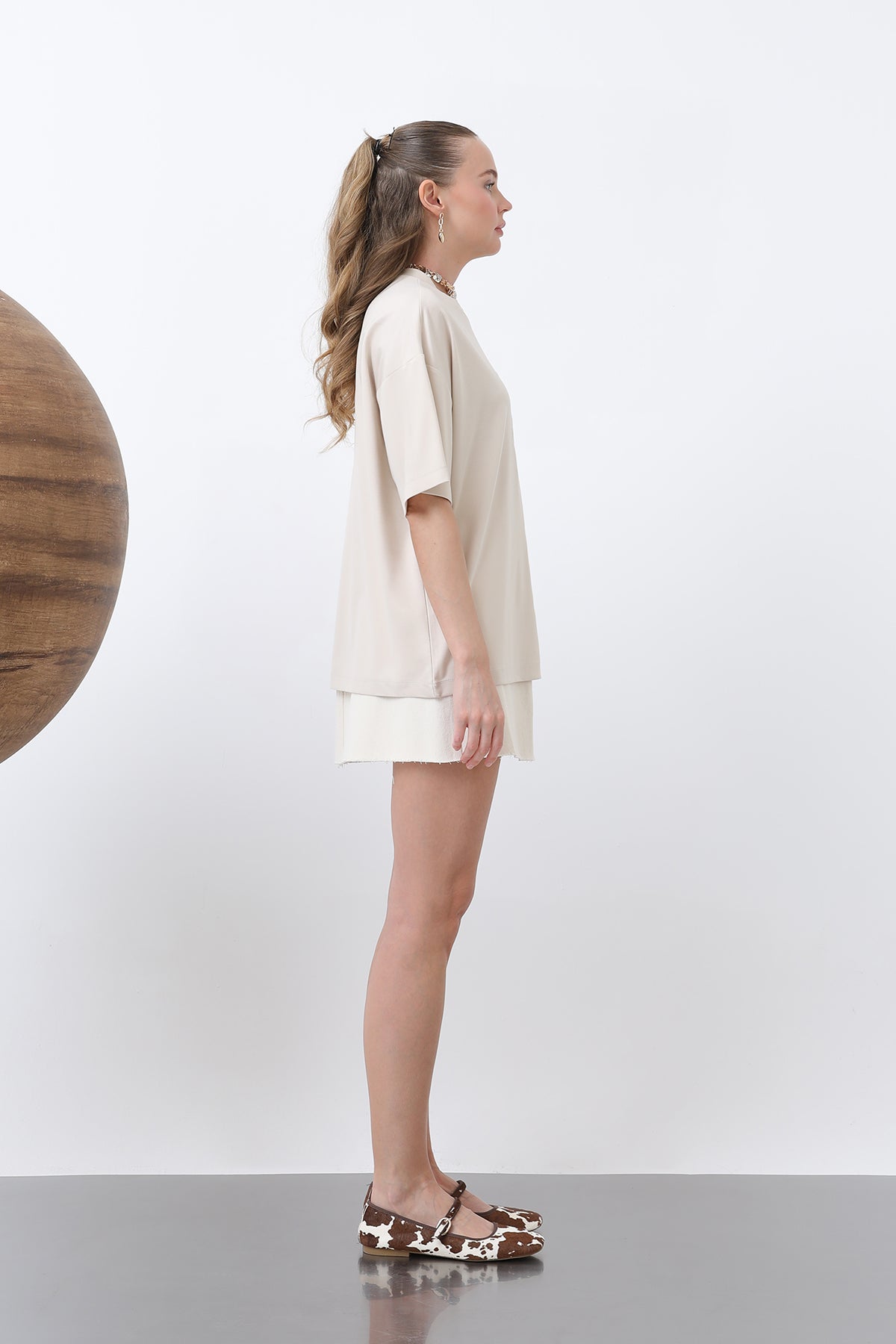 Kadın Ayıcık Nakışlı Basic Tshirt -32256TSH BEIGE